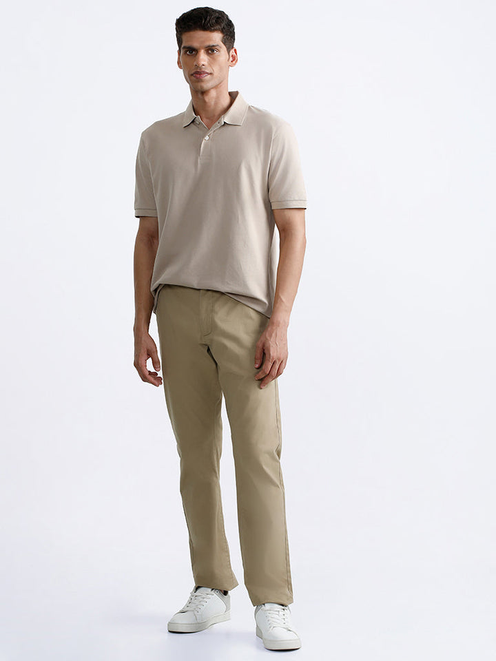 WES Casuals Plain Beige Polo Neck Cotton-Blend Relaxed-Fit T-Shirt