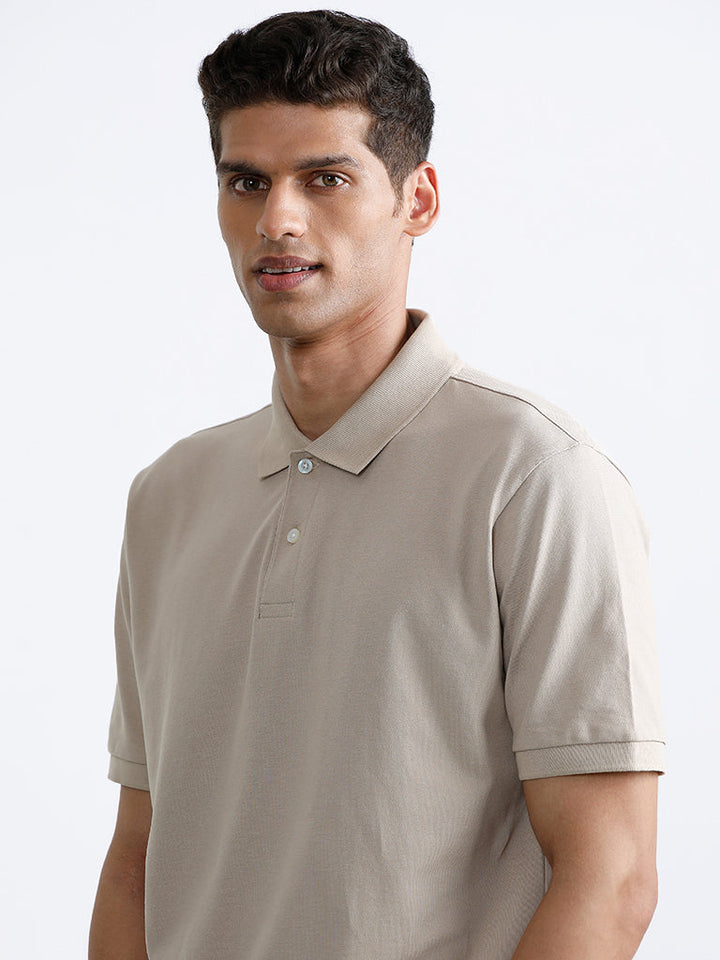 WES Casuals Plain Beige Polo Neck Cotton-Blend Relaxed-Fit T-Shirt