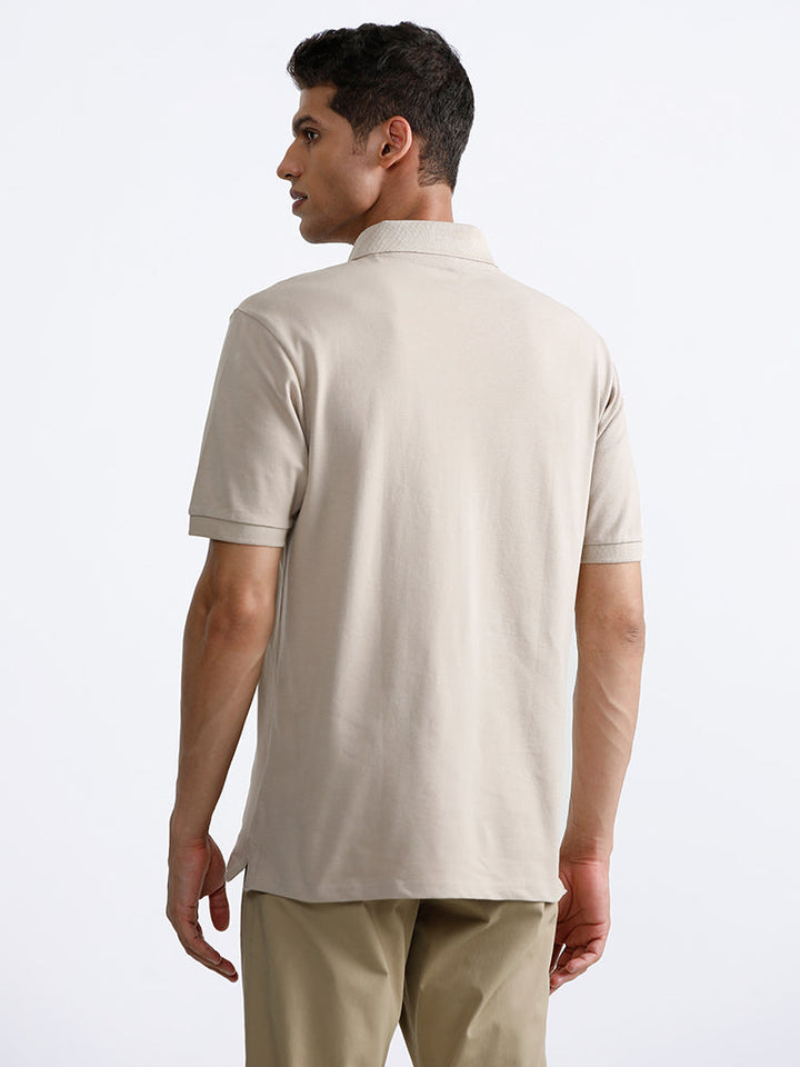 WES Casuals Plain Beige Polo Neck Cotton-Blend Relaxed-Fit T-Shirt