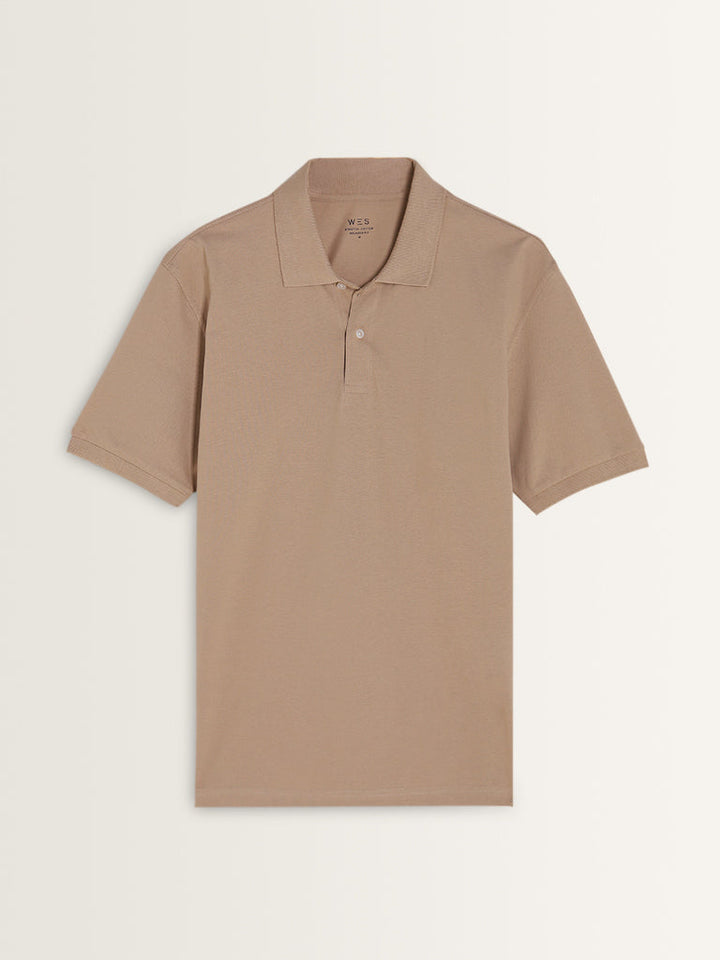 WES Casuals Plain Beige Polo Neck Cotton-Blend Relaxed-Fit T-Shirt