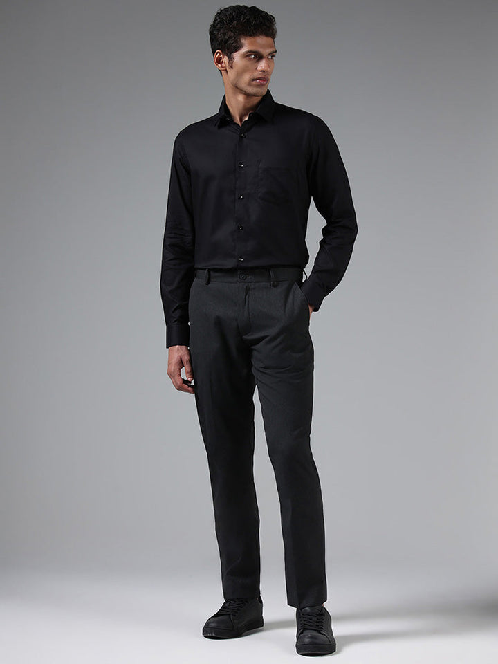 WES Formals Solid Black Cotton Relaxed-Fit Shirt
