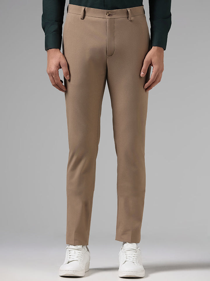WES Formals Solid Dark Khaki Ultra Slim-Fit Mid-Rise Trousers