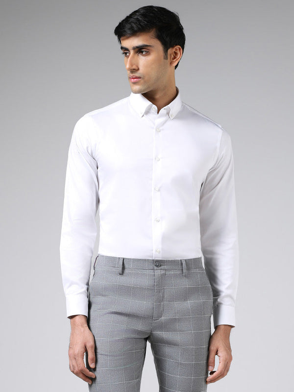 WES Formals Solid White Cotton-Blend Slim-Fit Shirt
