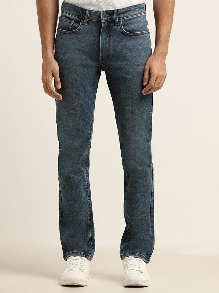 WES Casuals Blue Washed Relaxed-Fit Mid Rise Jeans
