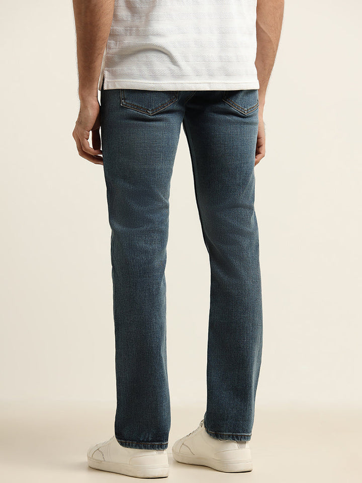 WES Casuals Blue Washed Relaxed-Fit Mid Rise Jeans