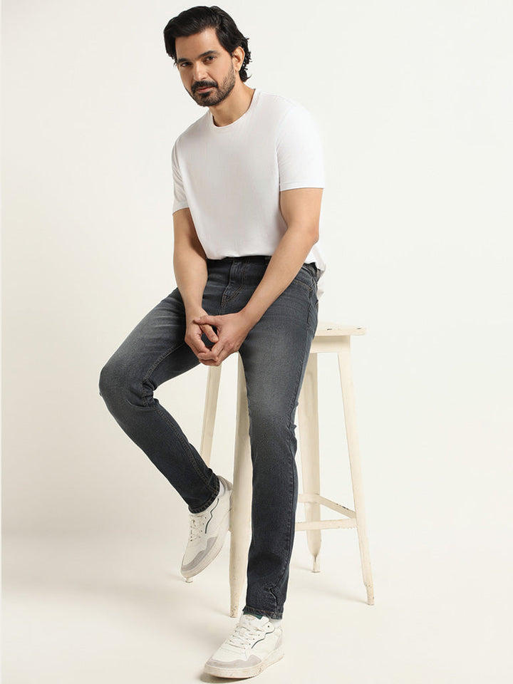 WES Casuals Dark Grey Wash Slim-Fit Mid-Rise Jeans