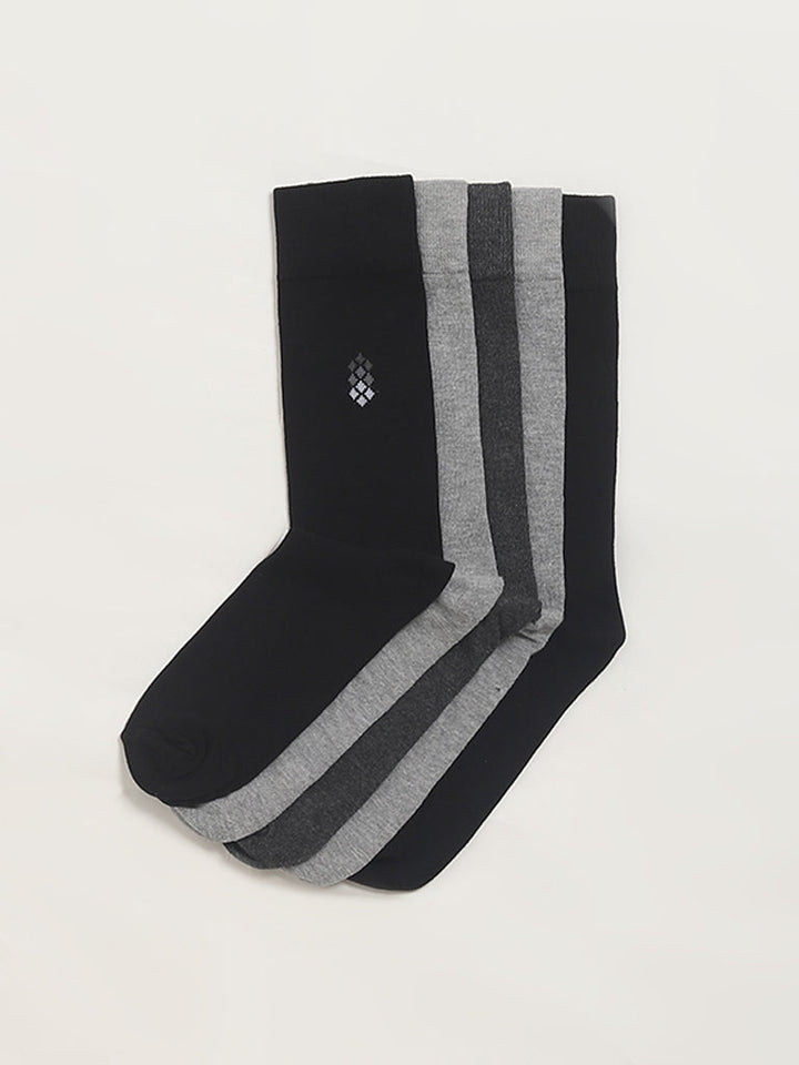 WES Lounge Grey Plain Cotton-Blend Socks - Pack of 5
