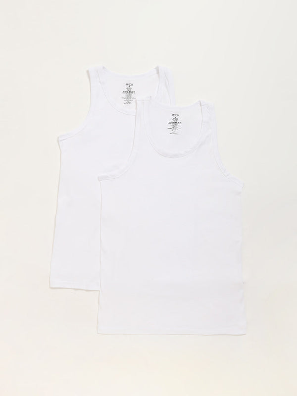 WES Lounge Plain White Cotton Vests - Pack of 2