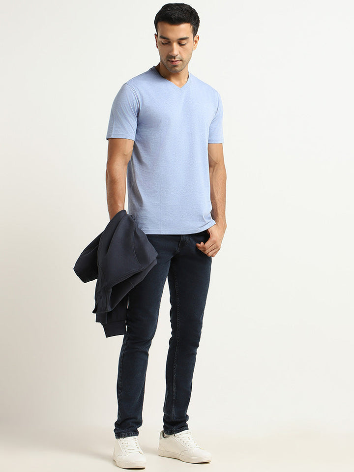 WES Casuals Blue Cotton Slim-Fit T-Shirt