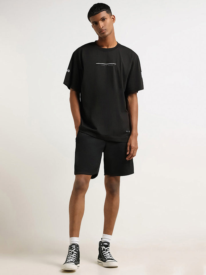 Studiofit Black Self Patterned Cotton-Blend Relaxed Fit Shorts