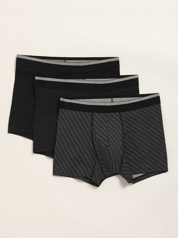 WES Lounge Black Printed Cotton-Blend Relaxed Fit Trunks - Pack of 3