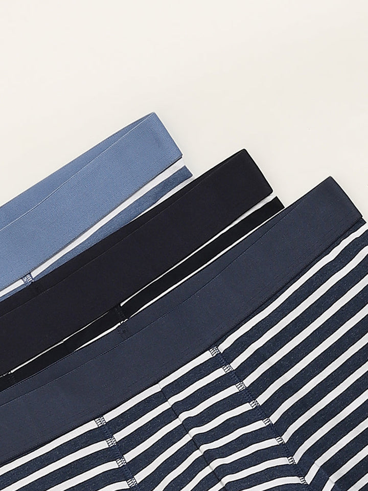 WES Lounge Navy Striped Cotton-Blend Relaxed Fit Trunks - Pack of 3
