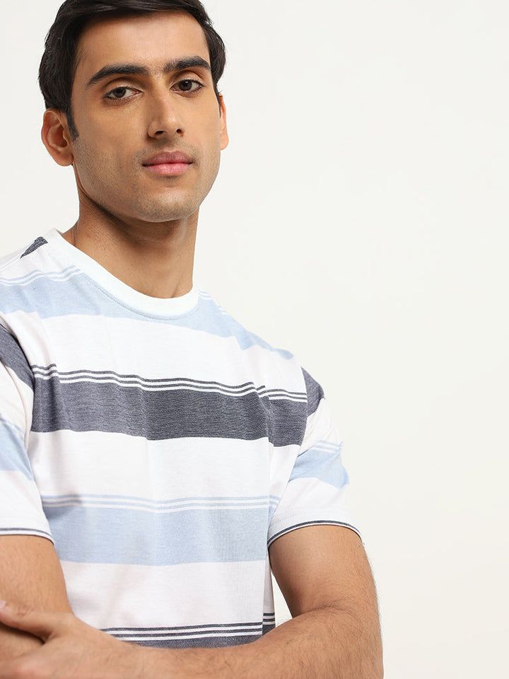 WES Lounge Blue Cotton-Blend Relaxed Fit T-Shirt