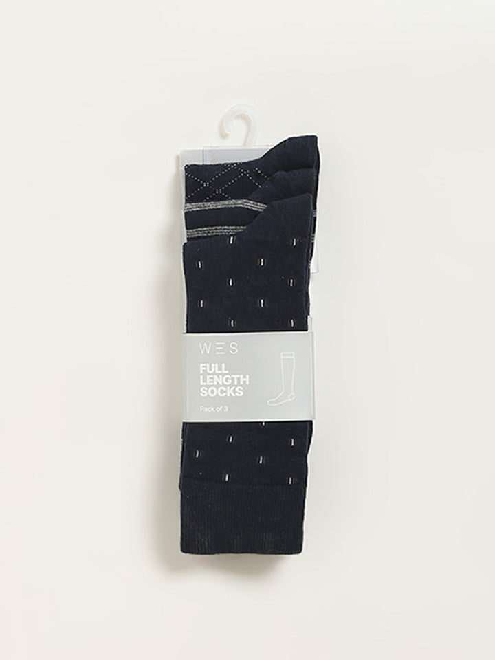 WES Lounge Navy Printed Cotton-Blend Full Length Socks - Pack of 3