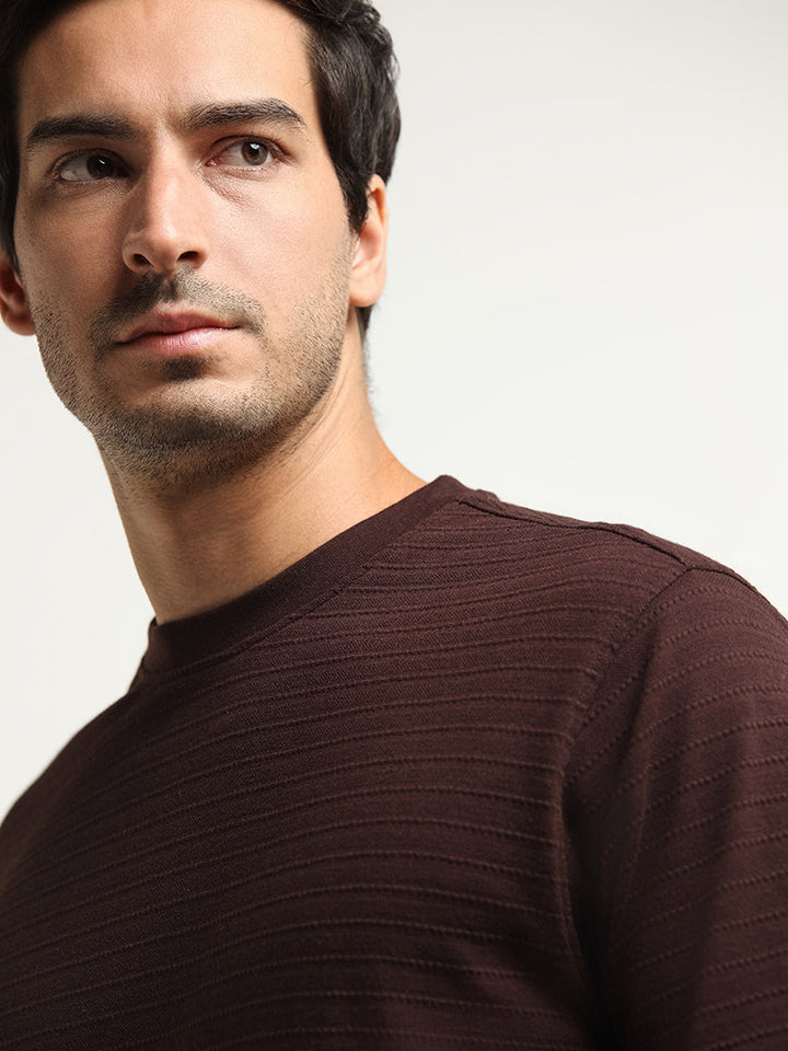 WES Lounge Brown Textured Relaxed Fit Linen-Blend T-Shirt