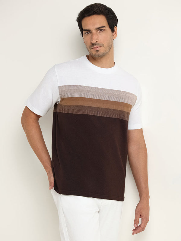 WES Lounge Brown Striped Cotton-Blend Relaxed Fit T-Shirt