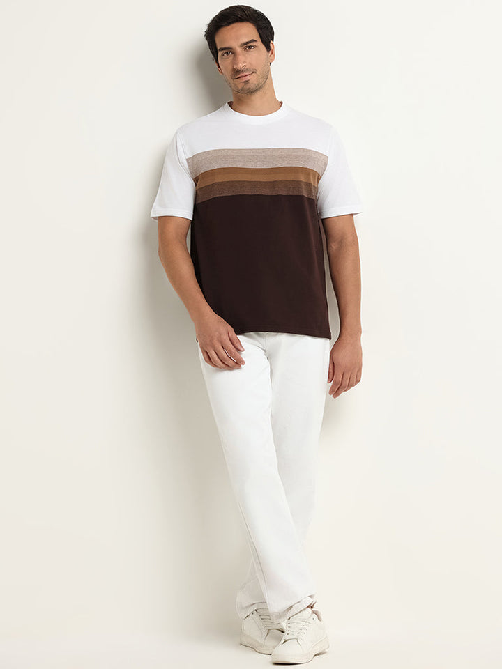 WES Lounge Brown Striped Cotton-Blend Relaxed Fit T-Shirt