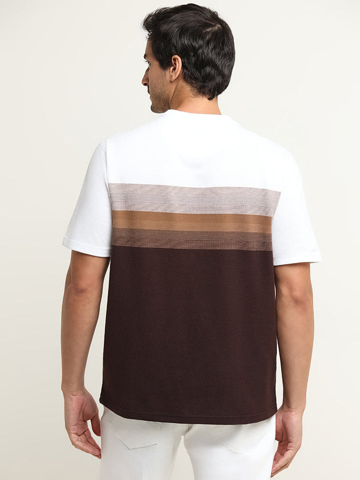 WES Lounge Brown Striped Cotton-Blend Relaxed Fit T-Shirt