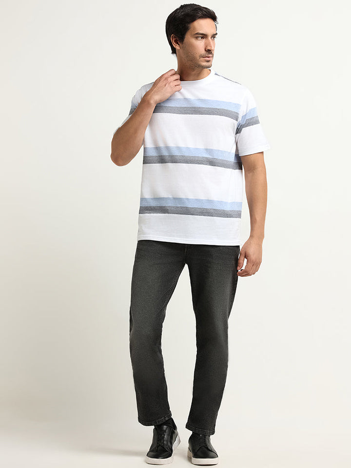 WES Lounge Blue Striped Cotton-Blend Relaxed Fit T-Shirt