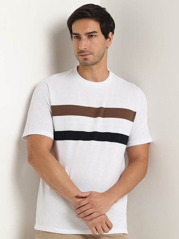 WES Lounge White Striped Cotton-Blend Relaxed Fit T-Shirt