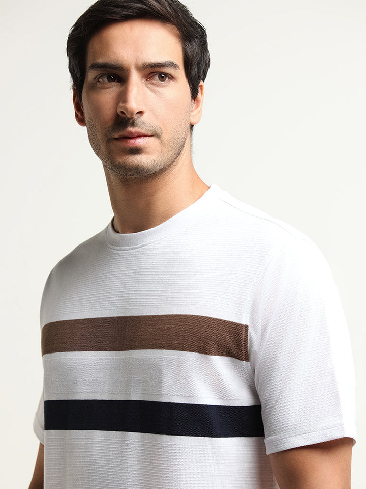 WES Lounge White Striped Cotton-Blend Relaxed Fit T-Shirt