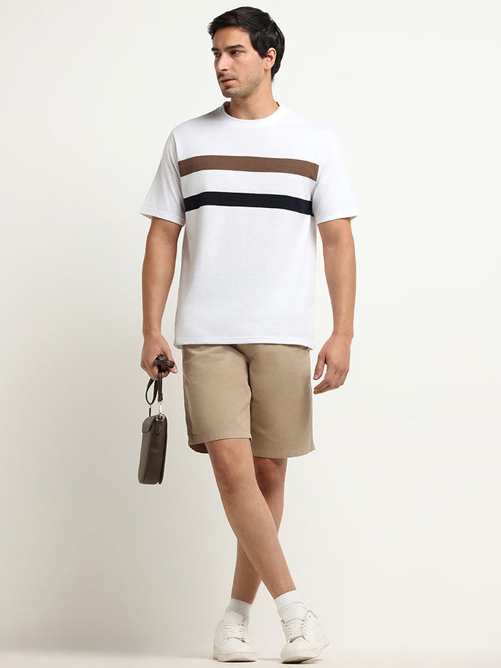 WES Lounge White Striped Cotton-Blend Relaxed Fit T-Shirt