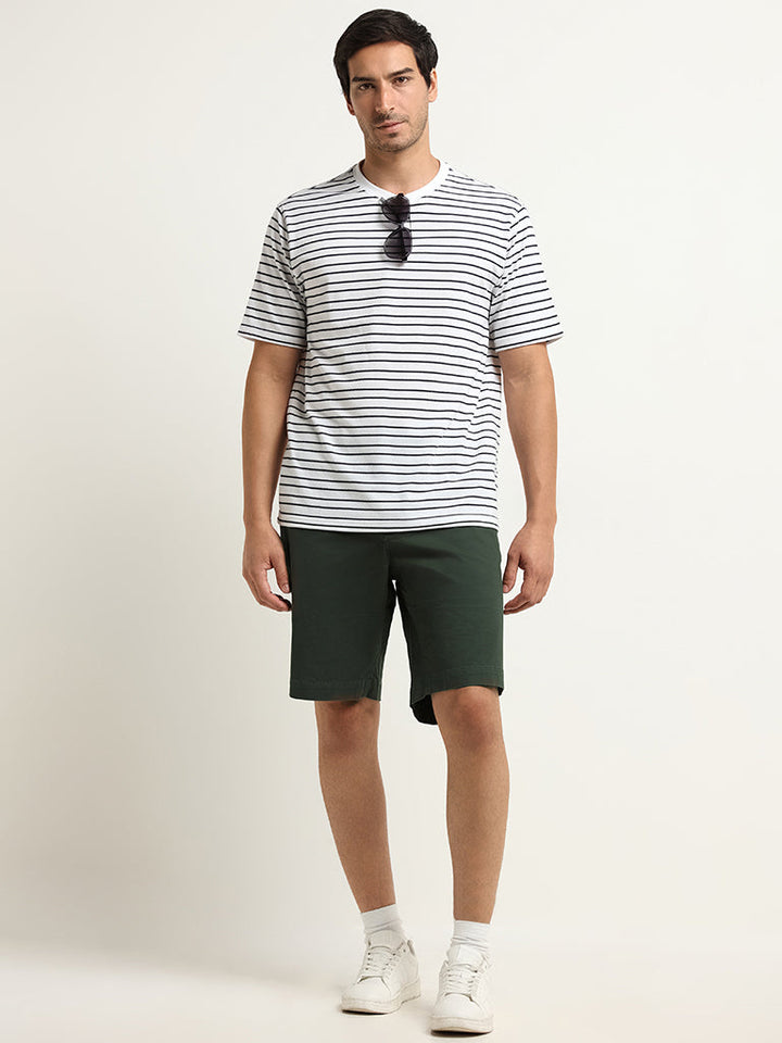 WES Lounge White Striped Cotton-Blend Relaxed Fit T-Shirt