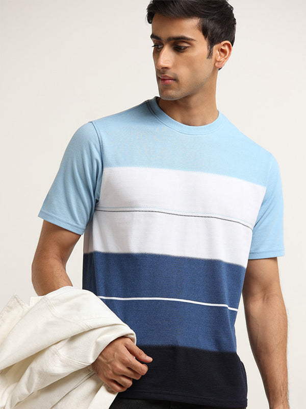 WES Lounge Blue Striped Cotton-Blend Relaxed Fit T-Shirt