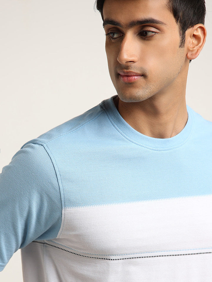 WES Lounge Blue Striped Cotton-Blend Relaxed Fit T-Shirt