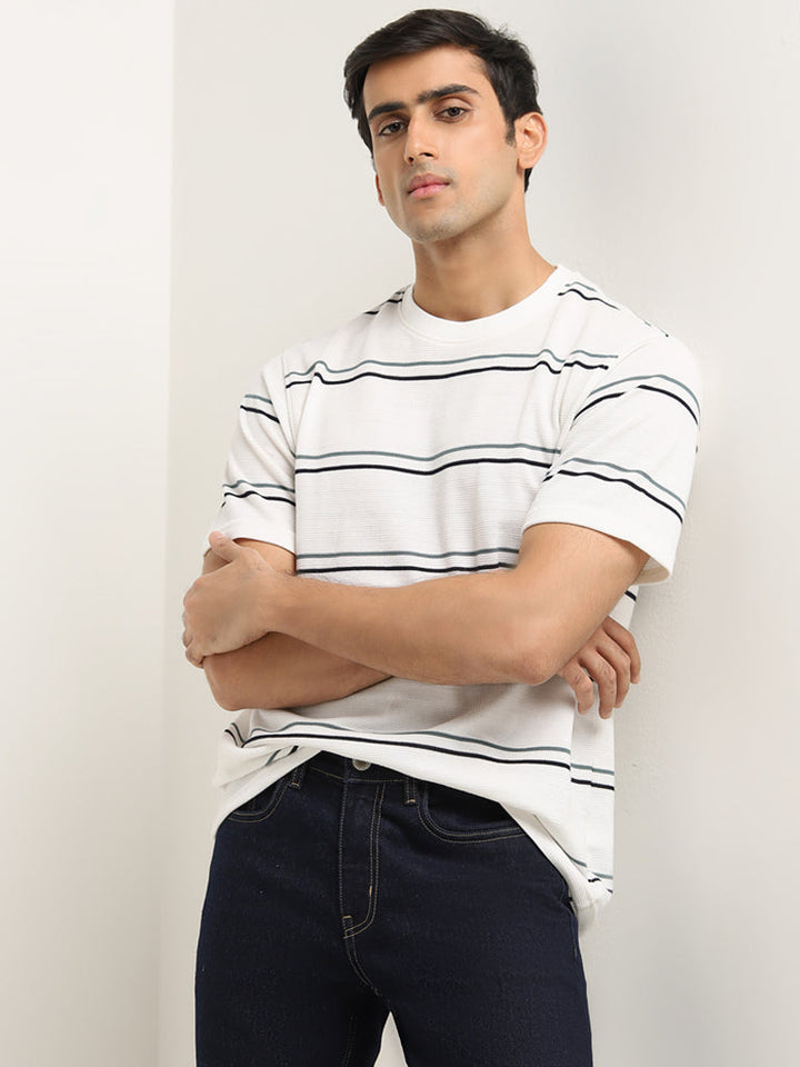 WES Lounge White Stripe Printed Cotton T-Shirt