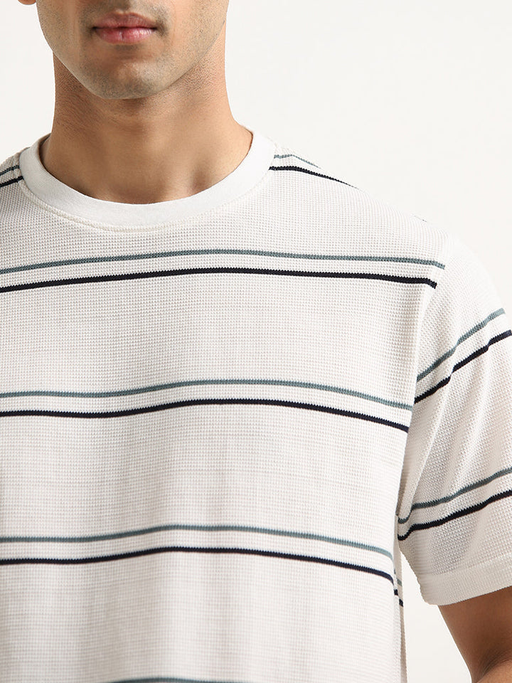 WES Lounge White Stripe Printed Cotton T-Shirt