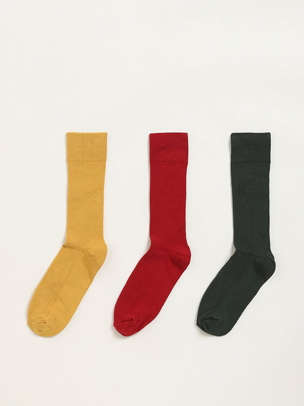 WES Lounge Multicolour Solid Cotton-Blend Full Length Socks - Pack of 3