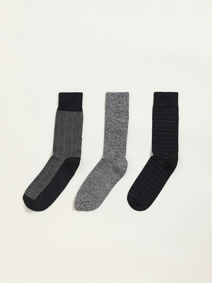 WES Lounge Black Printed Cotton-Blend Full Length Socks - Pack of 3