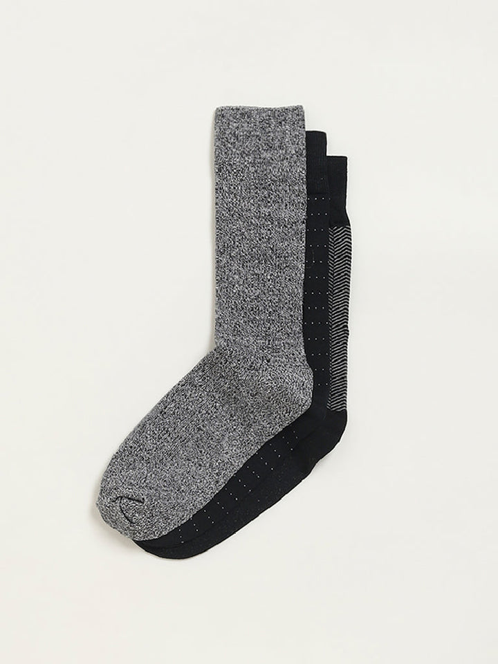 WES Lounge Black Printed Cotton-Blend Full Length Socks - Pack of 3
