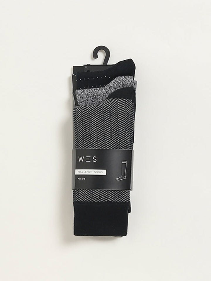 WES Lounge Black Printed Cotton-Blend Full Length Socks - Pack of 3