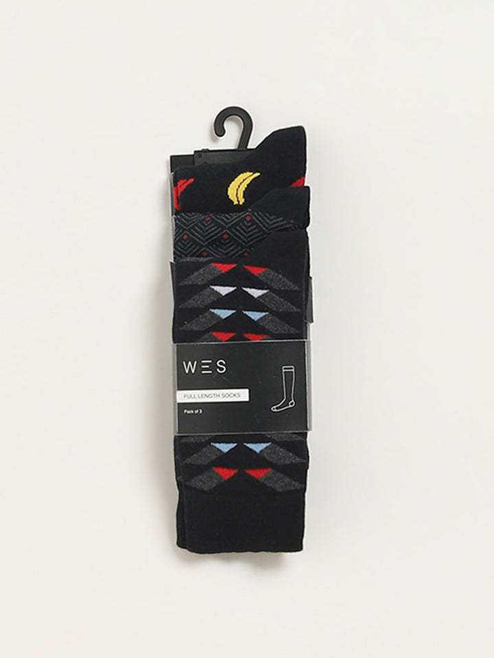 WES Lounge Black Printed Cotton-Blend Full Length Socks - Pack of 3