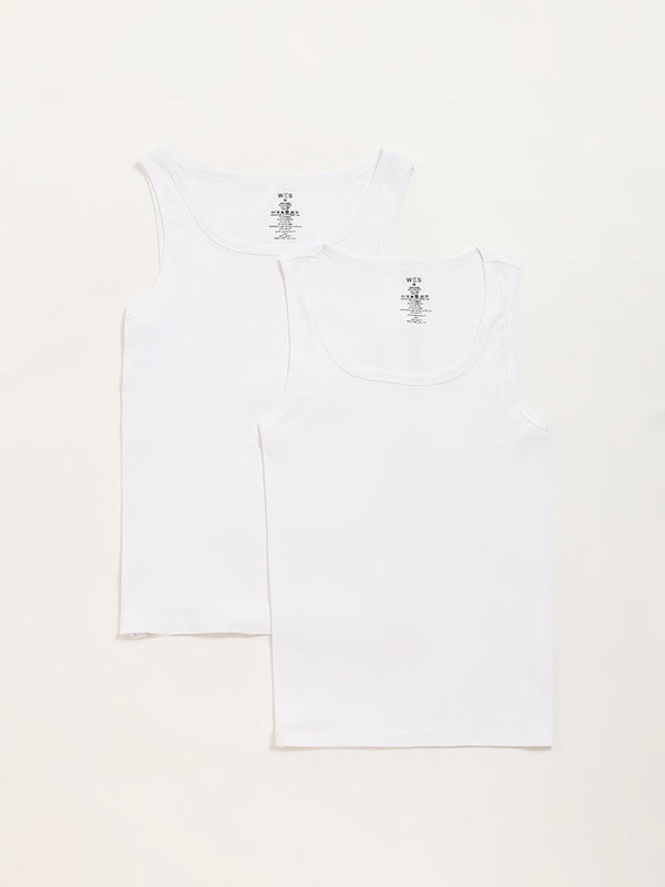 WES Lounge White Ribbed Cotton Vests - Pack of 2