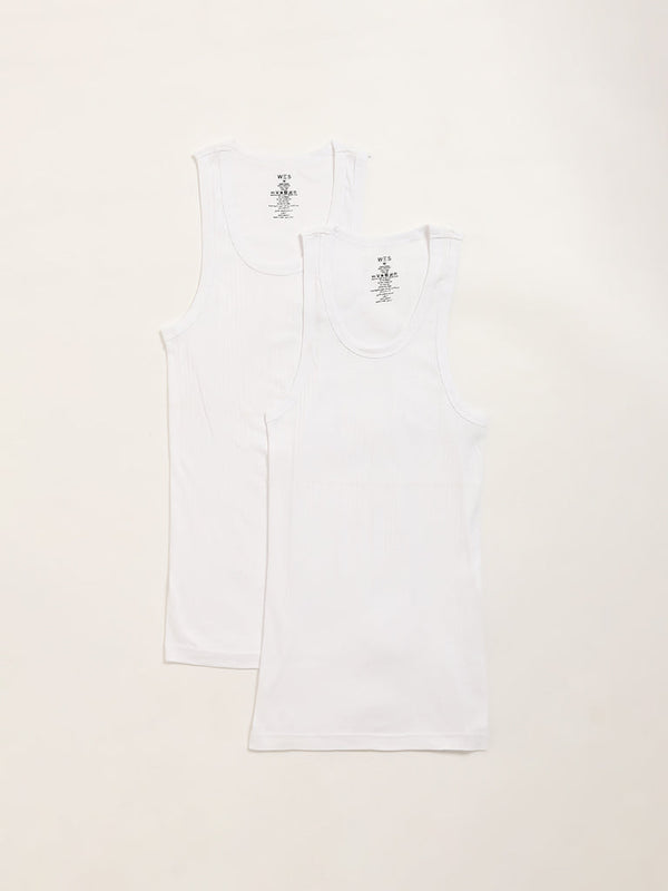 WES Lounge White Sleeveless Cotton Vests - Pack of 2