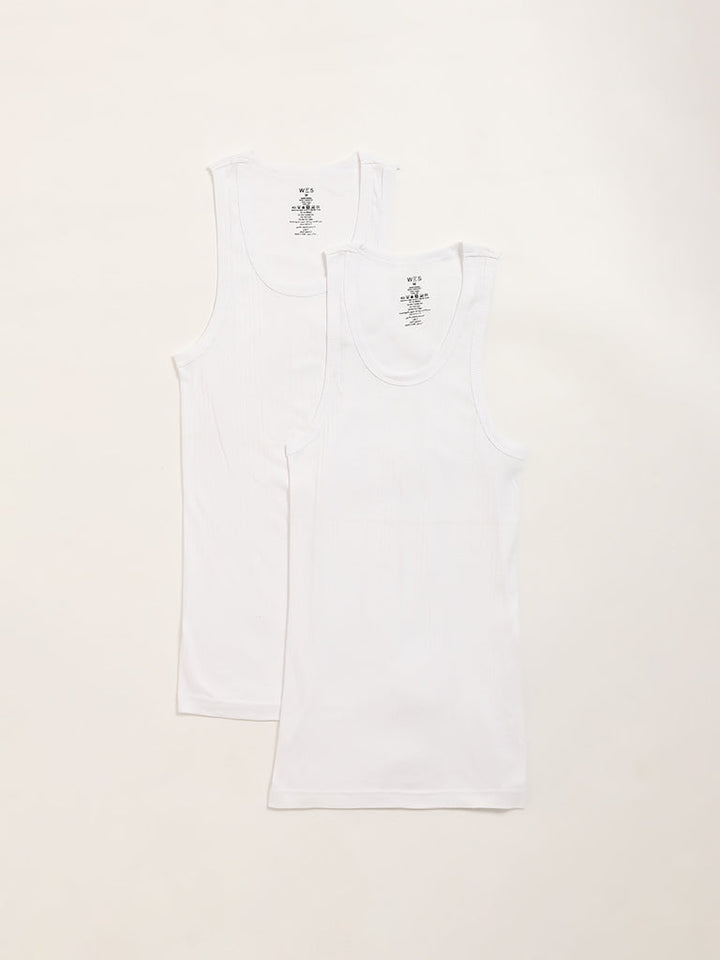 WES Lounge White Sleeveless Cotton Vests - Pack of 2