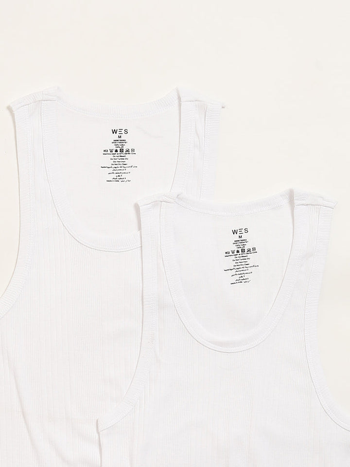 WES Lounge White Sleeveless Cotton Vests - Pack of 2