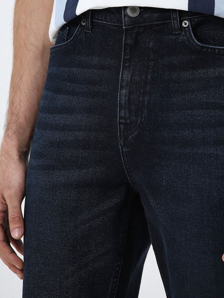 WES Casuals Dark Blue Wash Relaxed-Fit Mid-Rise Jeans