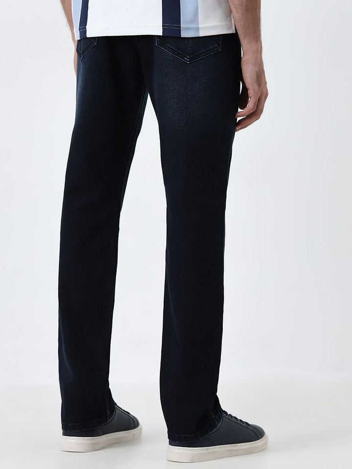 WES Casuals Dark Blue Wash Relaxed-Fit Mid-Rise Jeans