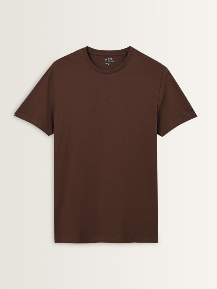 WES Casuals Brown Solid Slim-Fit Cotton T-Shirt