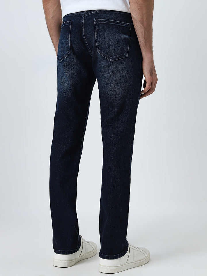 WES Casuals Dark Blue Faded Slim-Fit Mid-Rise Jeans