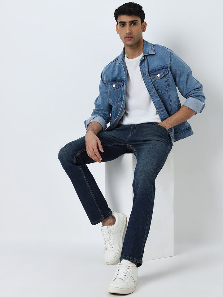 WES Casuals Dark Blue Washed Slim-Fit Mid-Rise Jeans