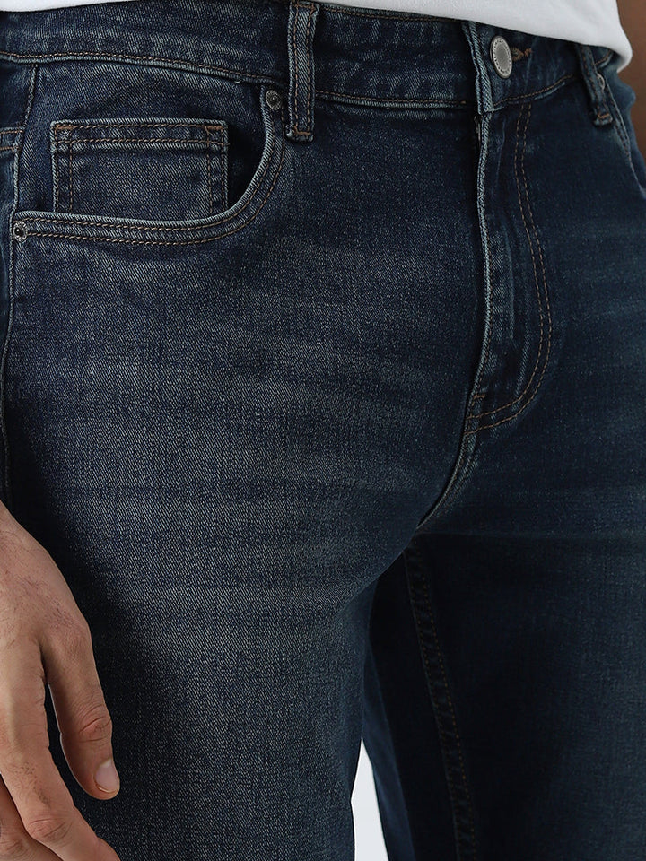 WES Casuals Dark Blue Washed Slim-Fit Mid-Rise Jeans
