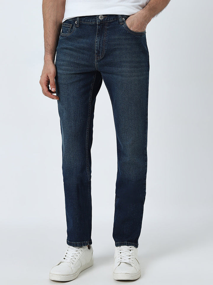 WES Casuals Dark Blue Washed Slim-Fit Mid-Rise Jeans