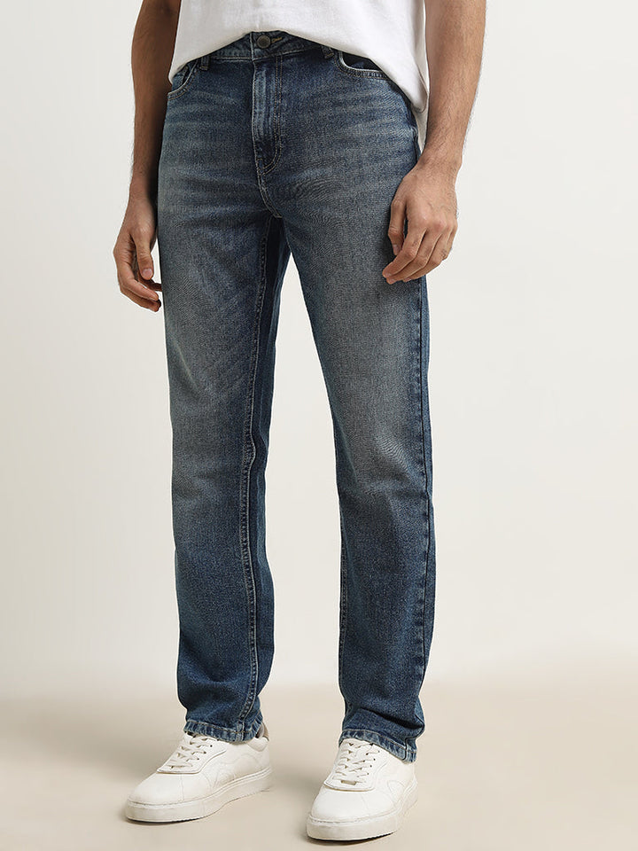 WES Casuals Blue Faded Slim-Fit Mid-Rise Jeans