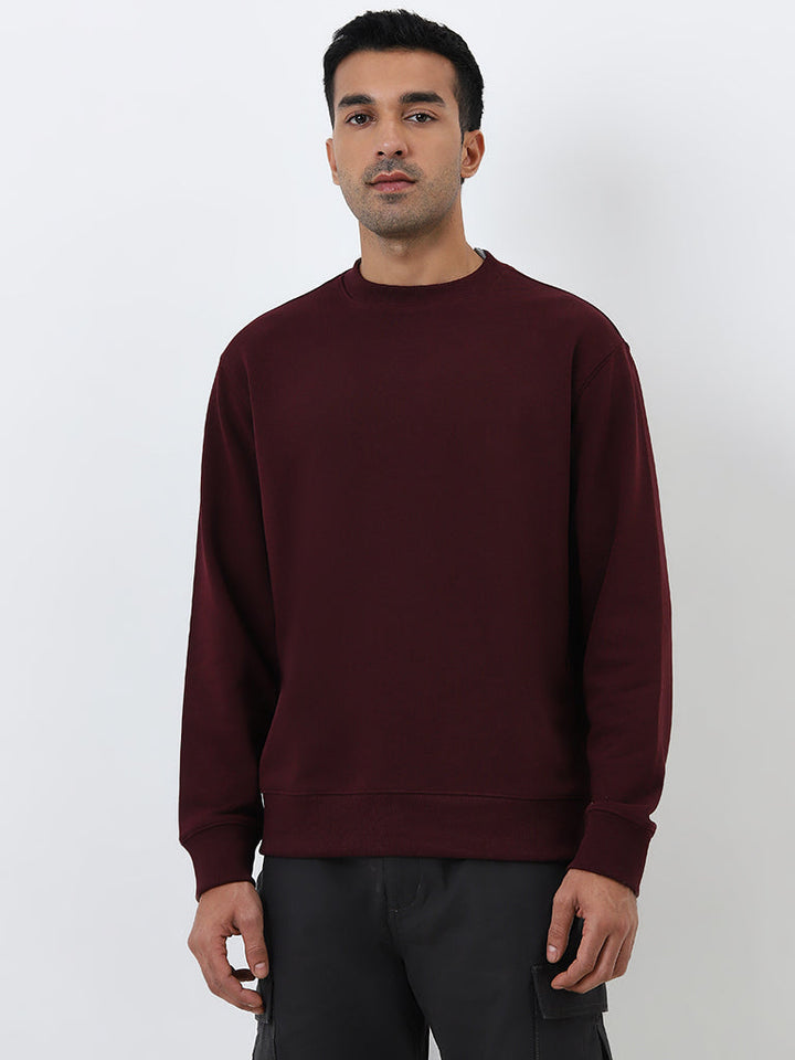 WES Casuals Burgundy Relaxed Fit Cotton-Blend Sweatshirt