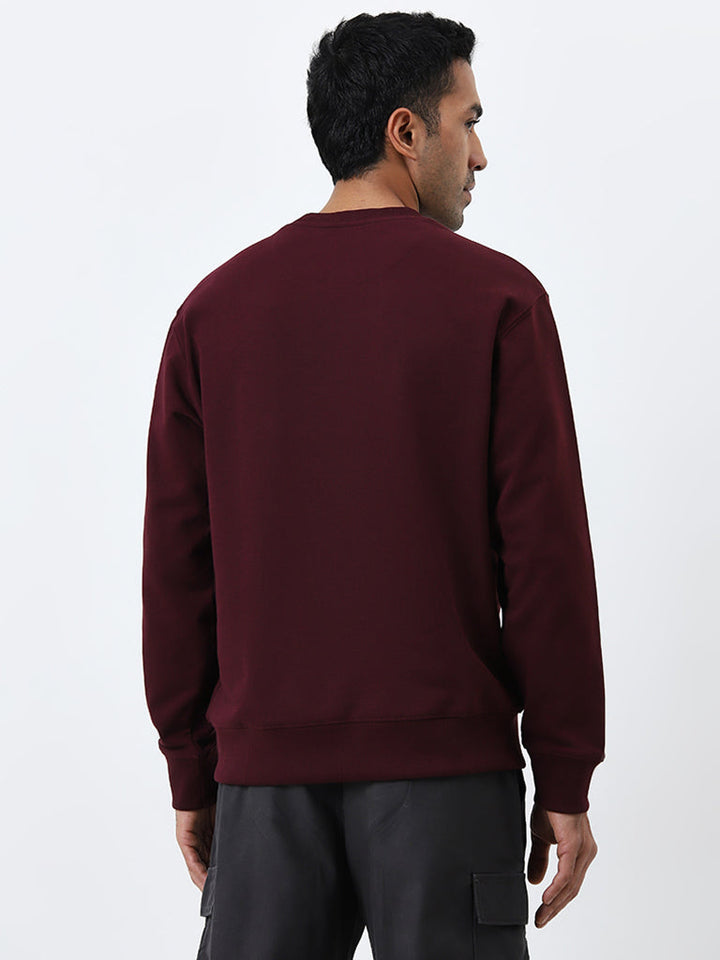 WES Casuals Burgundy Relaxed Fit Cotton-Blend Sweatshirt